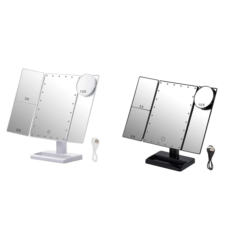 Trifold Makeup Mirror With 22 LED Lights,10X/3X/2X Magnification Portable Fold Lighted Table Desk Cosmetic Mirror