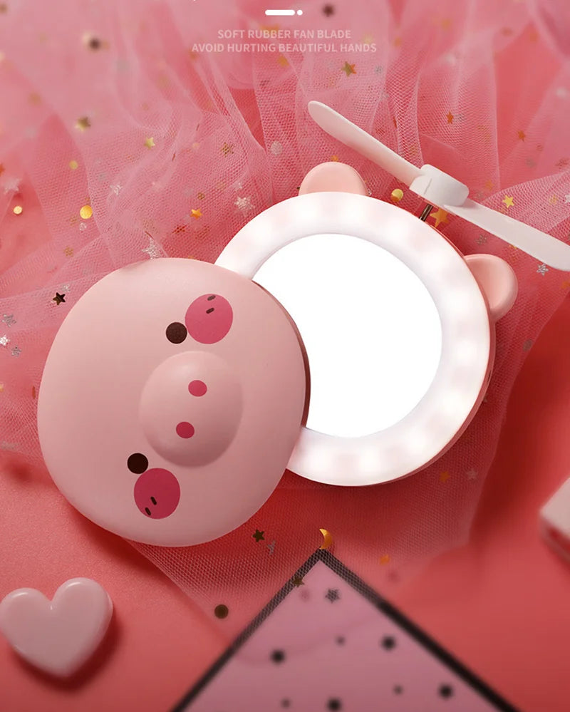 Cute Piggy Makeup Mirror With Led Light Handheld Cosmetics Mirror With Small Fan Girls Travle Portable Vanity Mirror HD Mirror