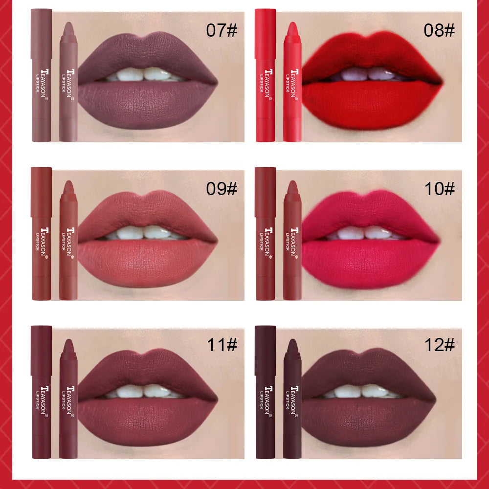 12 Colors Velvet Matte Lipstick Pen Cosmetics Waterproof Lasting Nude Crayon Lipsticks Non Sticky Brown Lip Liner Pencil Makeup