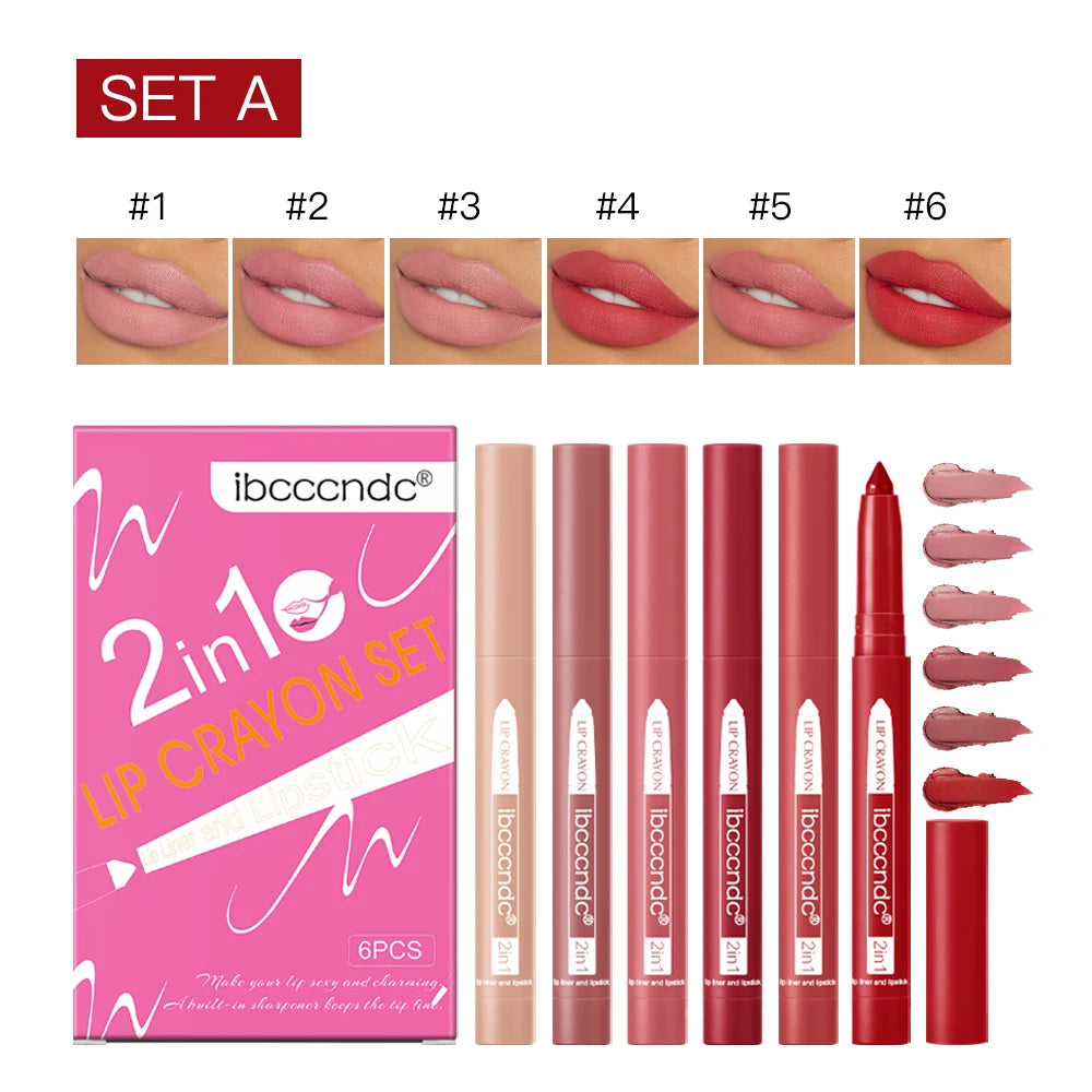 6color/Set Matte Lip  Crayon Moisturizing Lip Liner Built-In Sharpener Lipliner Pencil 2 In 1 Lip Liner And Lipstick Pen