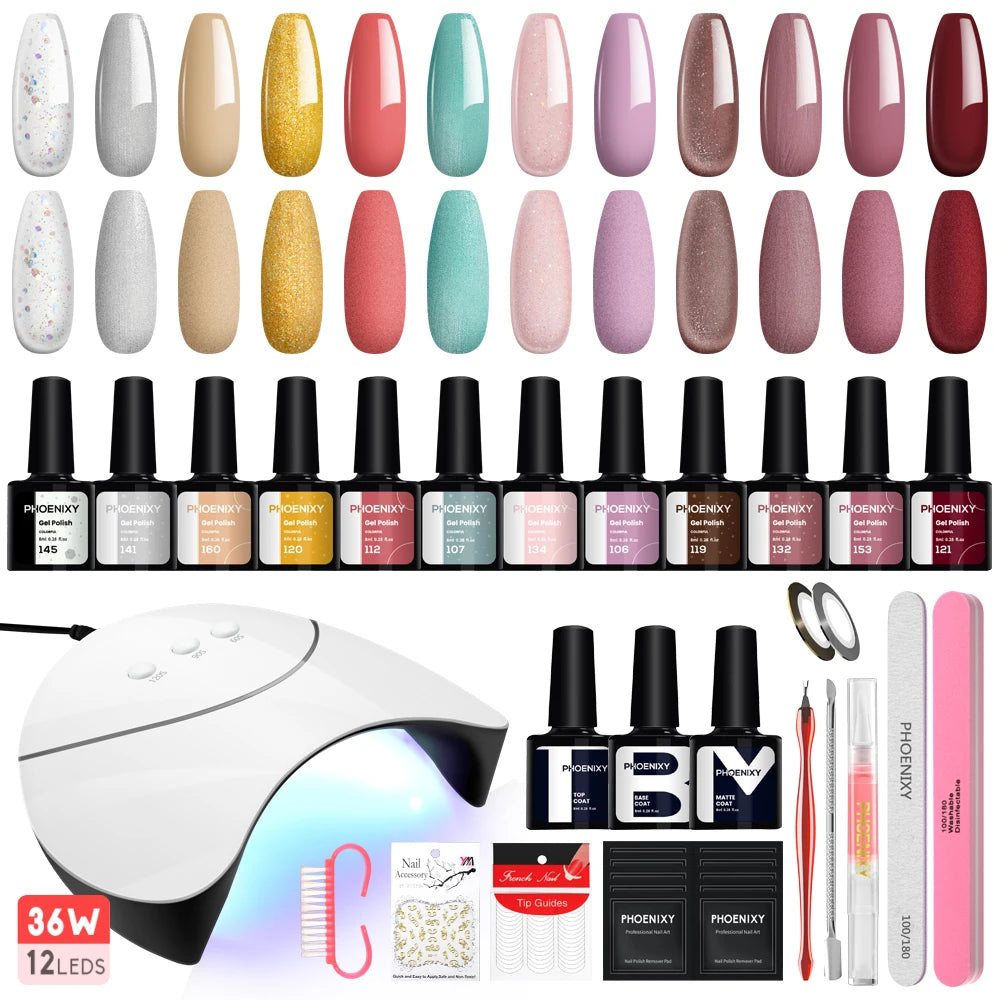 PHOENIXY Professional Gel Nail Polish Set Nail Gel Kit With UV LED Nail Lamp All For Nail Art Semi Permanent Manicure Tools Set